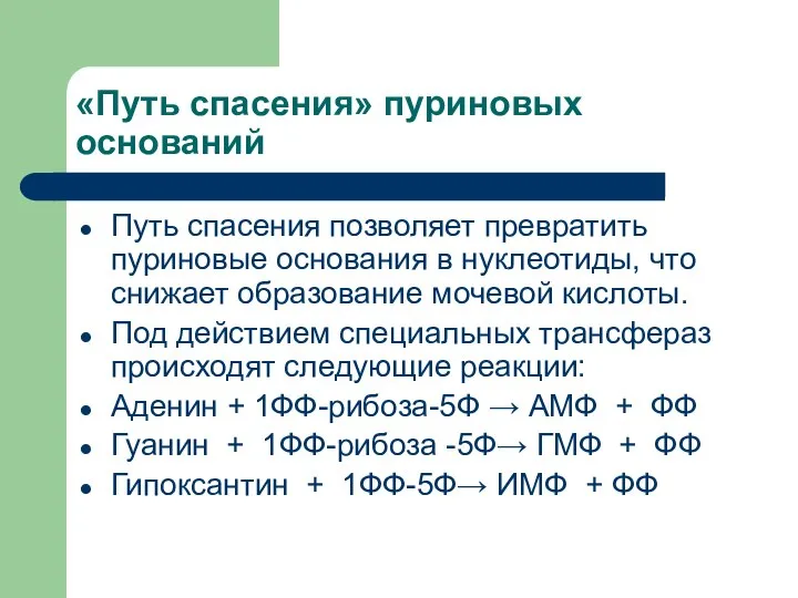 «Путь спасения» пуриновых оснований Путь спасения позволяет превратить пуриновые основания в