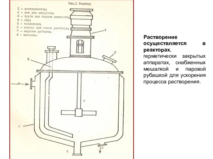 Растворение осуществляется в реакторах, герметически закрытых аппаратах, снабженных мешалкой и паровой рубашкой для ускорения процесса растворения.