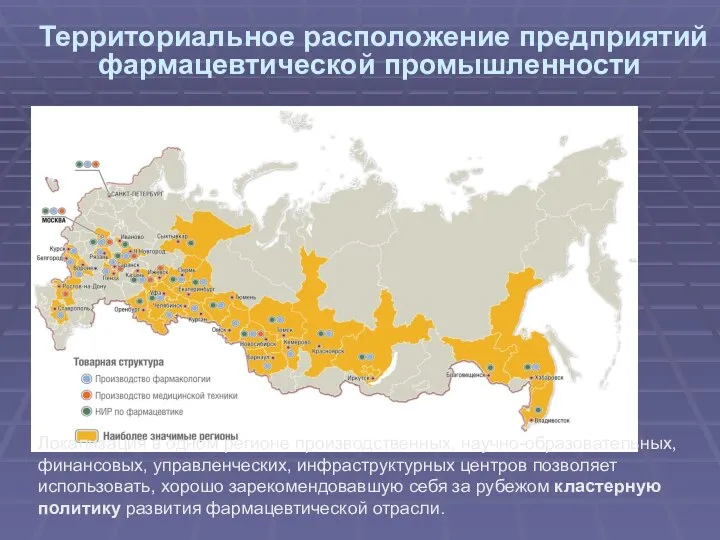 Территориальное расположение предприятий фармацевтической промышленности Локализация в одном регионе производственных, научно-образовательных,