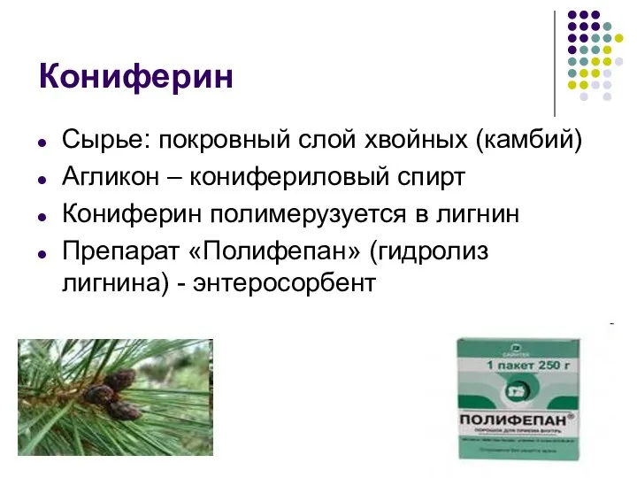 Кониферин Сырье: покровный слой хвойных (камбий) Агликон – конифериловый спирт Кониферин