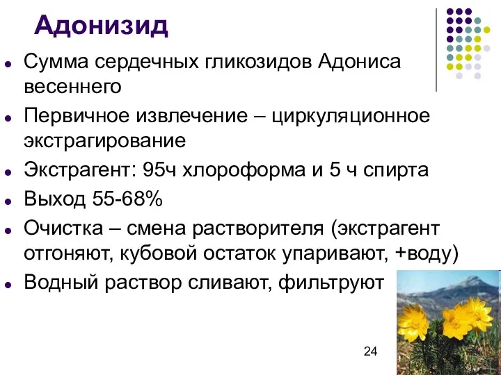 Адонизид Сумма сердечных гликозидов Адониса весеннего Первичное извлечение – циркуляционное экстрагирование