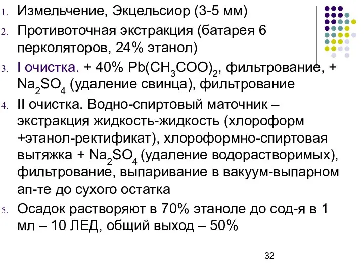 Измельчение, Экцельсиор (3-5 мм) Противоточная экстракция (батарея 6 перколяторов, 24% этанол)