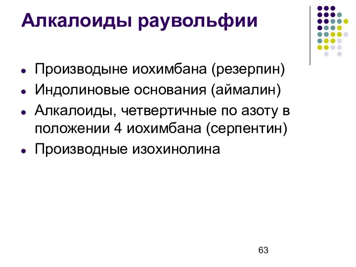 Алкалоиды раувольфии Производыне иохимбана (резерпин) Индолиновые основания (аймалин) Алкалоиды, четвертичные по