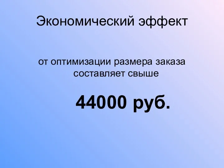 Экономический эффект от оптимизации размера заказа составляет свыше 44000 руб.