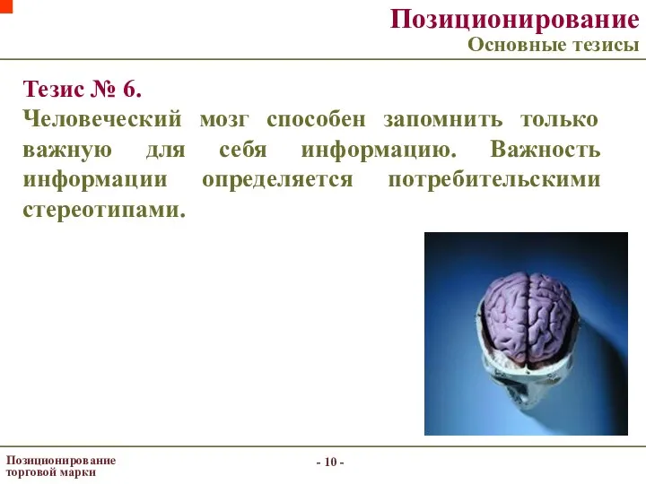 - - Позиционирование торговой марки Позиционирование Основные тезисы Тезис № 6.