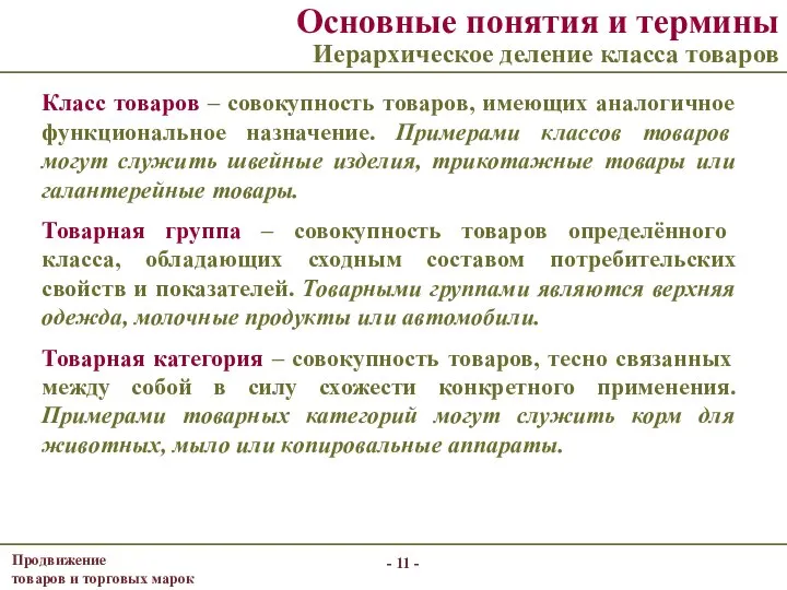 - - Основные понятия и термины Иерархическое деление класса товаров Класс