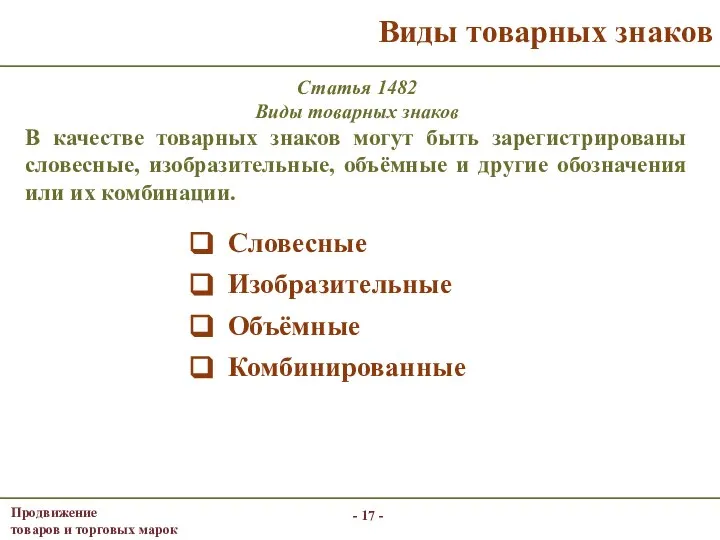 - - Виды товарных знаков Словесные Изобразительные Объёмные Комбинированные Статья 1482