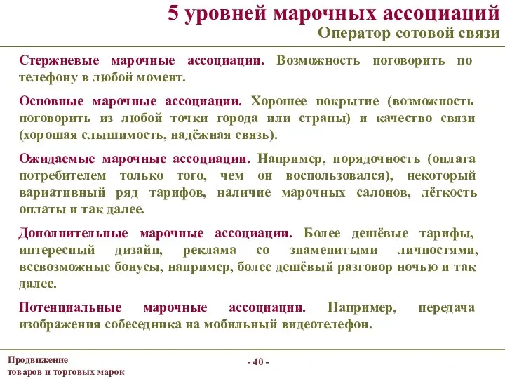 - - 5 уровней марочных ассоциаций Оператор сотовой связи Стержневые марочные