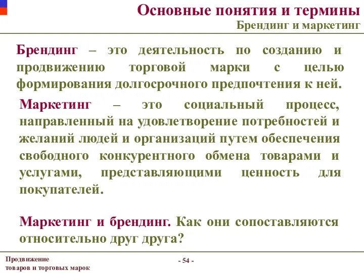 Основные понятия и термины Брендинг и маркетинг Брендинг – это деятельность