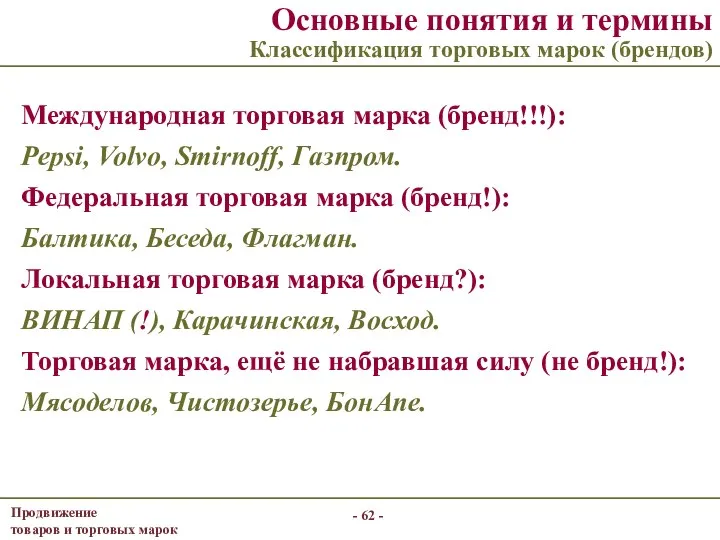 - - Основные понятия и термины Классификация торговых марок (брендов) Международная