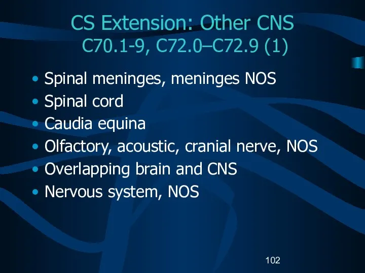 CS Extension: Other CNS C70.1-9, C72.0–C72.9 (1) Spinal meninges, meninges NOS