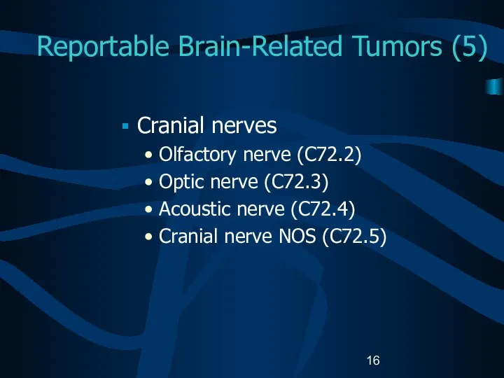 Reportable Brain-Related Tumors (5) Cranial nerves Olfactory nerve (C72.2) Optic nerve