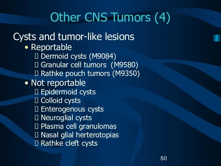 Other CNS Tumors (4) Cysts and tumor-like lesions Reportable Dermoid cysts