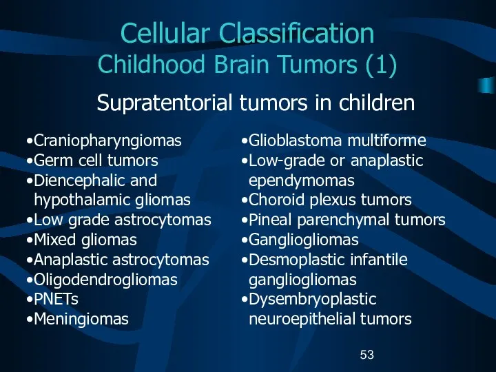 Cellular Classification Childhood Brain Tumors (1) Supratentorial tumors in children Craniopharyngiomas