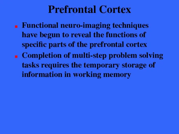 Prefrontal Cortex Functional neuro-imaging techniques have begun to reveal the functions