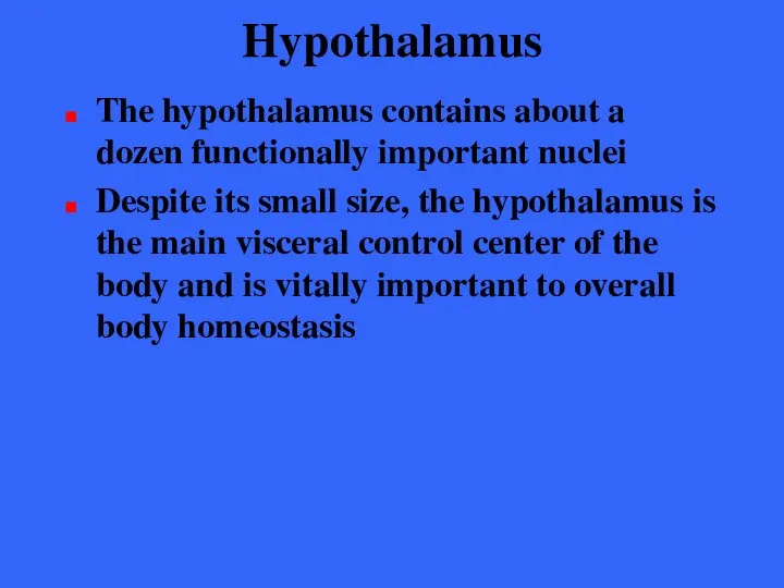 Hypothalamus The hypothalamus contains about a dozen functionally important nuclei Despite
