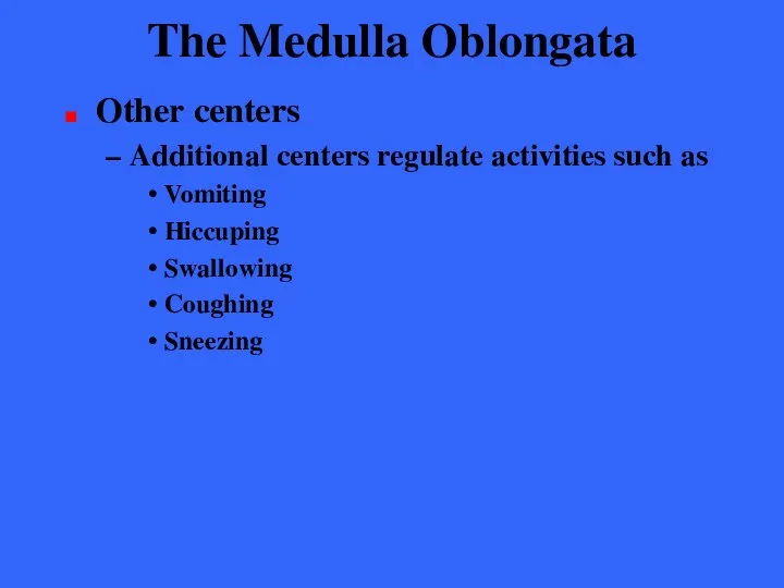 The Medulla Oblongata Other centers Additional centers regulate activities such as Vomiting Hiccuping Swallowing Coughing Sneezing