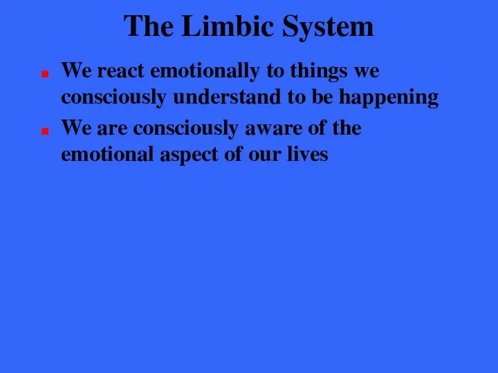 The Limbic System We react emotionally to things we consciously understand