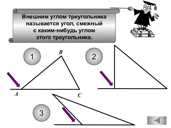 Внешним углом треугольника называется угол, смежный с каким-нибудь углом этого треугольника.