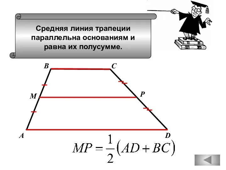 Средняя линия трапеции параллельна основаниям и равна их полусумме. А D В С М Р