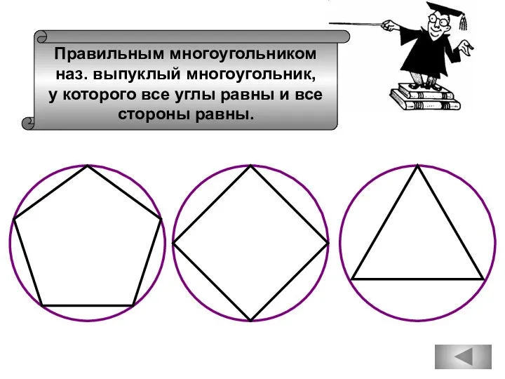 Правильным многоугольником наз. выпуклый многоугольник, у которого все углы равны и все стороны равны.