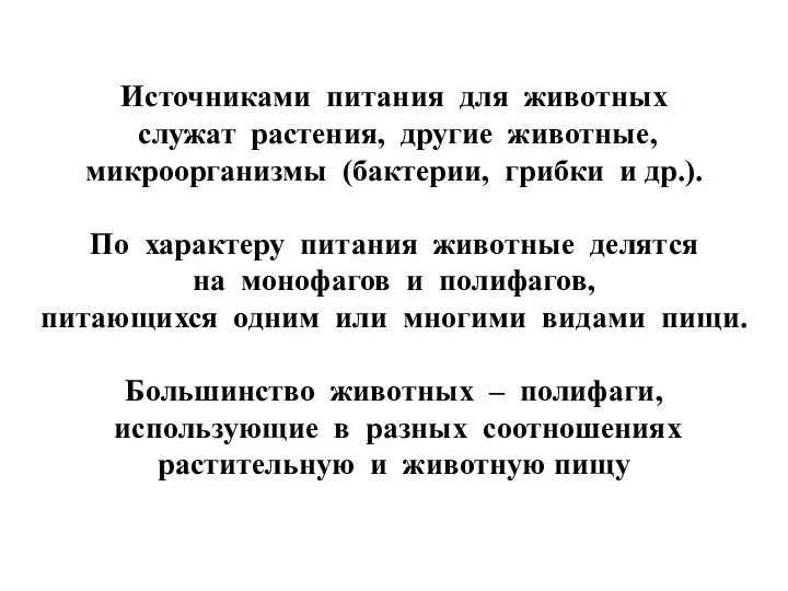 Источниками питания для животных служат растения, другие животные, микроорганизмы (бактерии, грибки