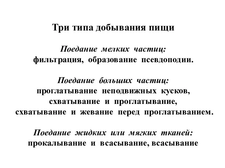 Три типа добывания пищи Поедание мелких частиц: фильтрация, образование псевдоподии. Поедание