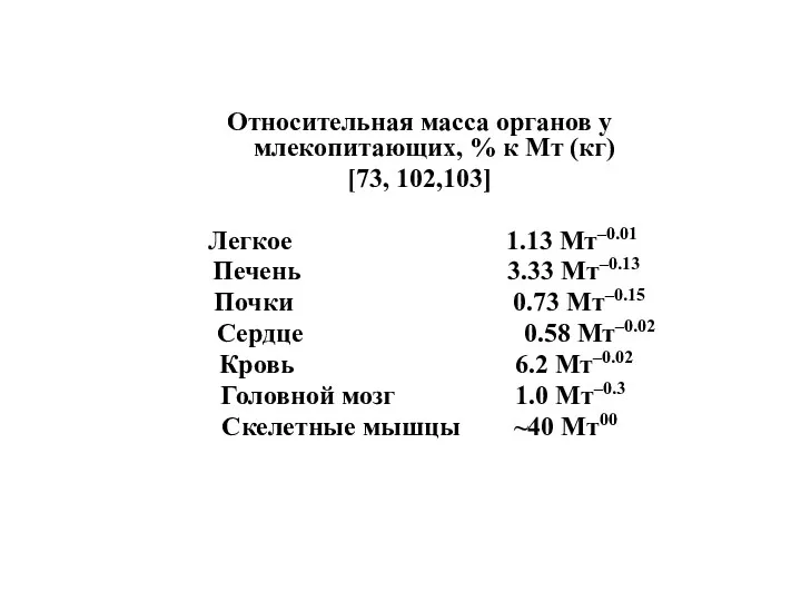 Относительная масса органов у млекопитающих, % к Мт (кг) [73, 102,103]