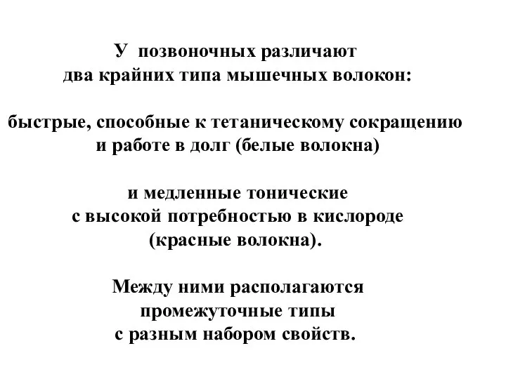 У позвоночных различают два крайних типа мышечных волокон: быстрые, способные к