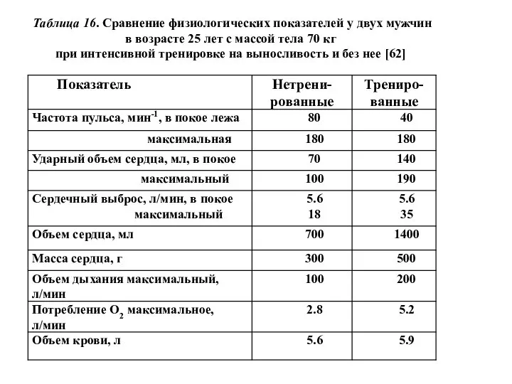 Таблица 16. Сравнение физиологических показателей у двух мужчин в возрасте 25