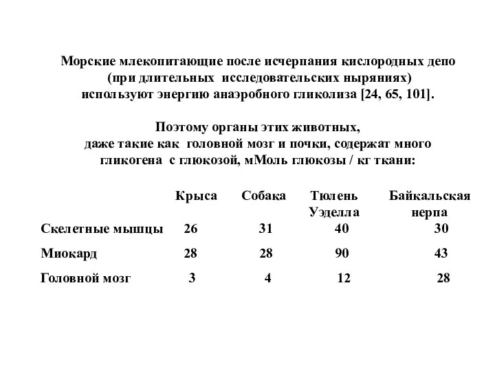 Морские млекопитающие после исчерпания своих кислородных депо используют энергию анаэробного гликолиза.