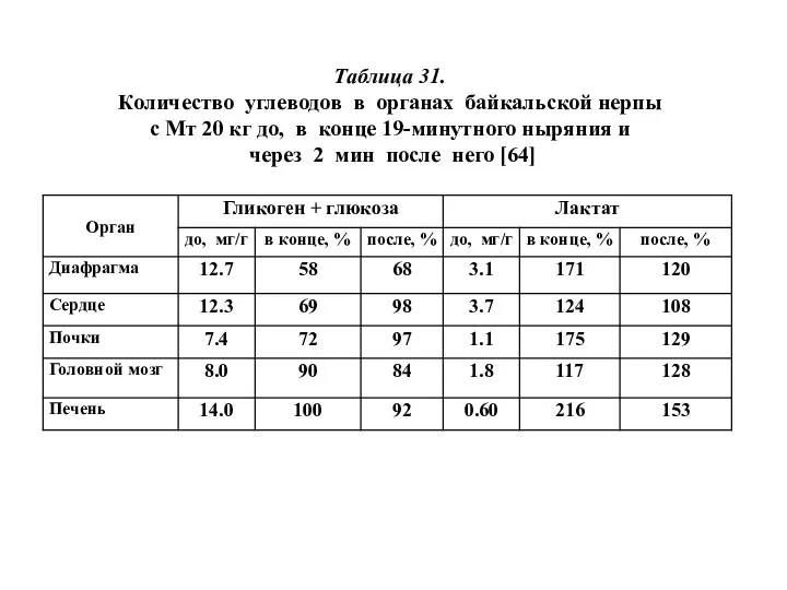 Таблица 31. Количество углеводов в органах байкальской нерпы с Мт 20