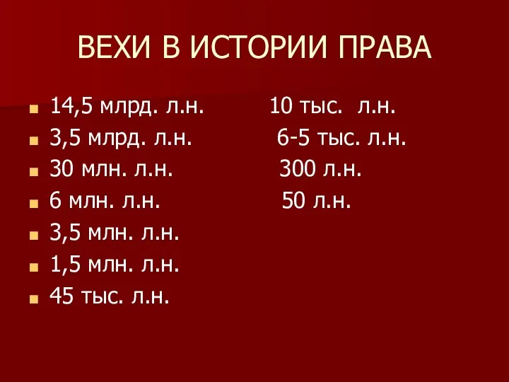 ВЕХИ В ИСТОРИИ ПРАВА 14,5 млрд. л.н. 10 тыс. л.н. 3,5