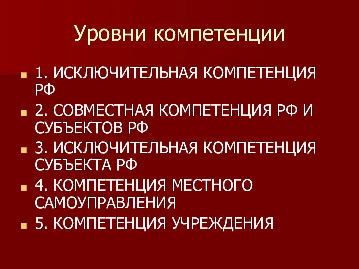 Уровни компетенции 1. ИСКЛЮЧИТЕЛЬНАЯ КОМПЕТЕНЦИЯ РФ 2. СОВМЕСТНАЯ КОМПЕТЕНЦИЯ РФ И