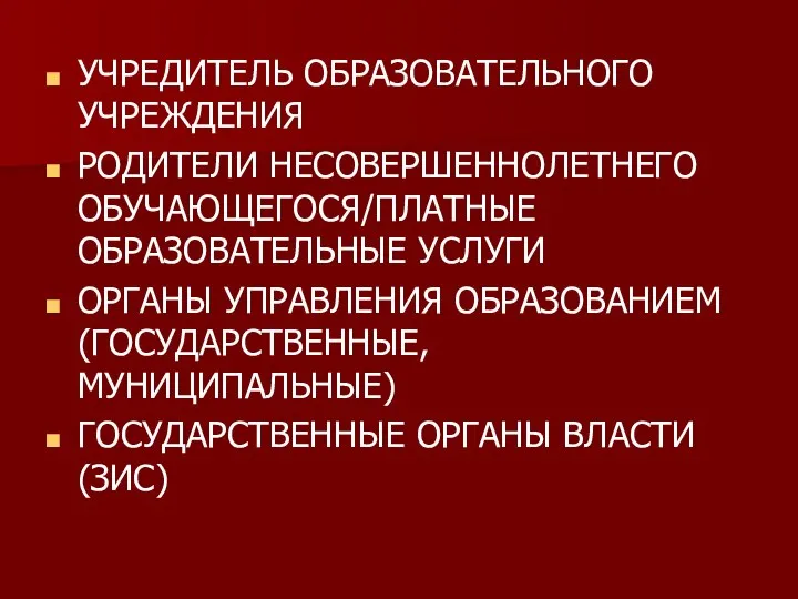 УЧРЕДИТЕЛЬ ОБРАЗОВАТЕЛЬНОГО УЧРЕЖДЕНИЯ РОДИТЕЛИ НЕСОВЕРШЕННОЛЕТНЕГО ОБУЧАЮЩЕГОСЯ/ПЛАТНЫЕ ОБРАЗОВАТЕЛЬНЫЕ УСЛУГИ ОРГАНЫ УПРАВЛЕНИЯ ОБРАЗОВАНИЕМ