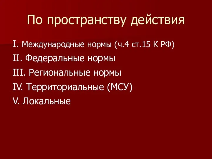 По пространству действия I. Международные нормы (ч.4 ст.15 К РФ) II.