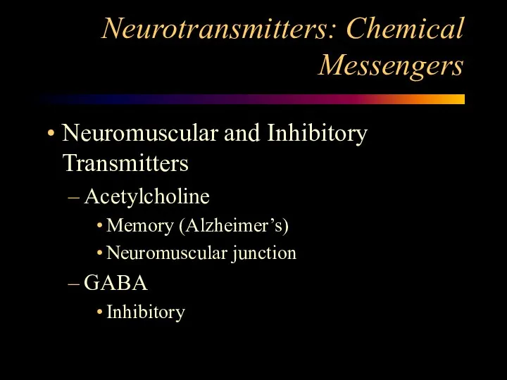 Neurotransmitters: Chemical Messengers Neuromuscular and Inhibitory Transmitters Acetylcholine Memory (Alzheimer’s) Neuromuscular junction GABA Inhibitory