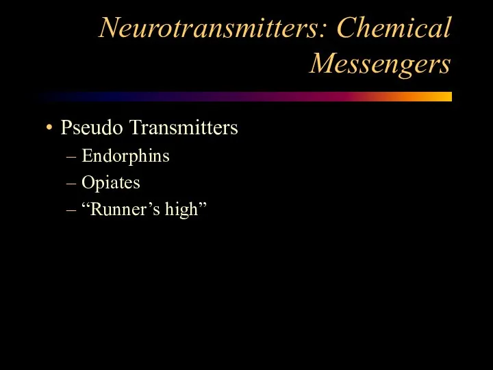 Neurotransmitters: Chemical Messengers Pseudo Transmitters Endorphins Opiates “Runner’s high”