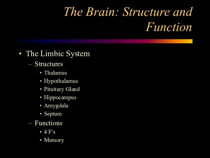 The Brain: Structure and Function The Limbic System Structures Thalamus Hypothalamus
