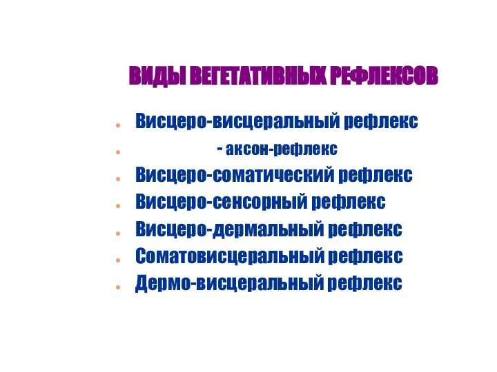 ВИДЫ ВЕГЕТАТИВНЫХ РЕФЛЕКСОВ Висцеро-висцеральный рефлекс - аксон-рефлекс Висцеро-соматический рефлекс Висцеро-сенсорный рефлекс