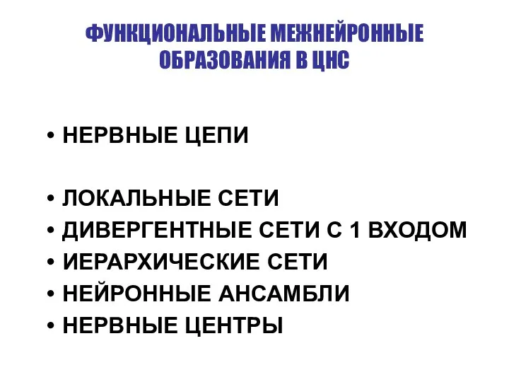 ФУНКЦИОНАЛЬНЫЕ МЕЖНЕЙРОННЫЕ ОБРАЗОВАНИЯ В ЦНС НЕРВНЫЕ ЦЕПИ ЛОКАЛЬНЫЕ СЕТИ ДИВЕРГЕНТНЫЕ СЕТИ