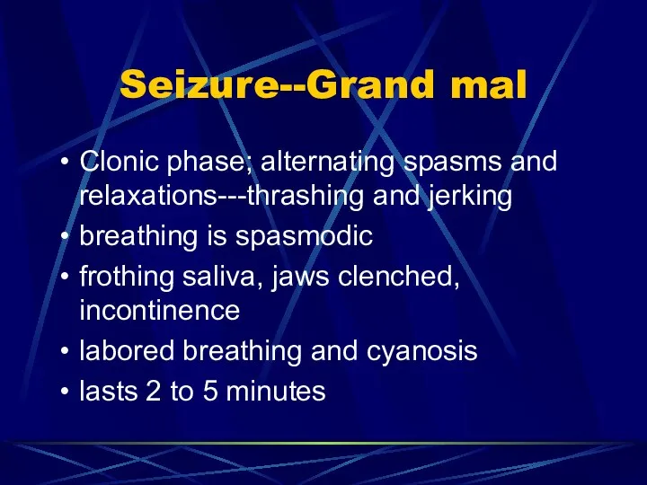 Seizure--Grand mal Clonic phase; alternating spasms and relaxations---thrashing and jerking breathing