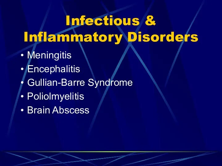 Infectious & Inflammatory Disorders Meningitis Encephalitis Gullian-Barre Syndrome Poliolmyelitis Brain Abscess