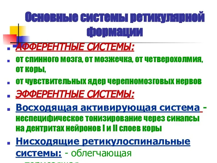 Основные системы ретикулярной формации АФФЕРЕНТНЫЕ СИСТЕМЫ: от спинного мозга, от мозжечка,