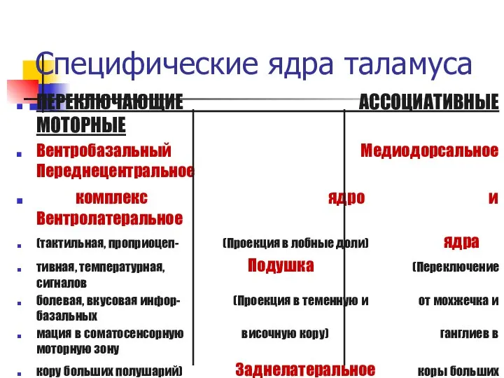 Специфические ядра таламуса ПЕРЕКЛЮЧАЮЩИЕ АССОЦИАТИВНЫЕ МОТОРНЫЕ Вентробазальный Медиодорсальное Переднецентральное комплекс ядро