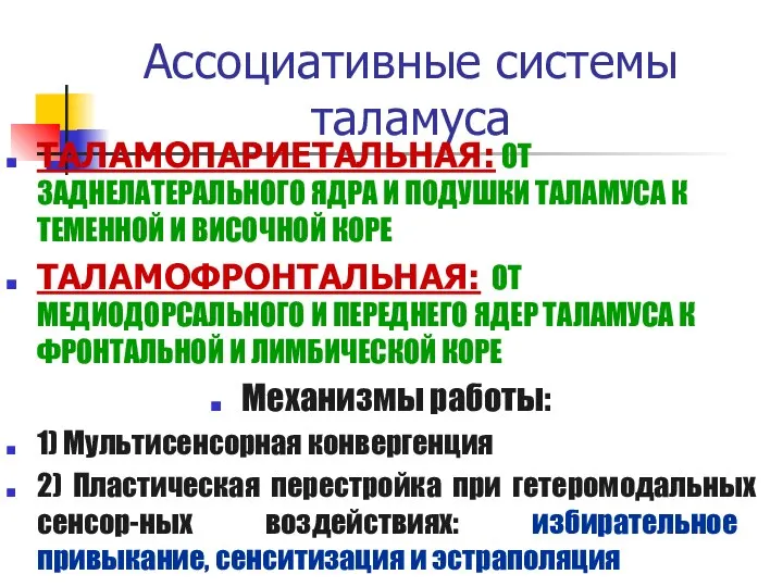 Ассоциативные системы таламуса ТАЛАМОПАРИЕТАЛЬНАЯ: ОТ ЗАДНЕЛАТЕРАЛЬНОГО ЯДРА И ПОДУШКИ ТАЛАМУСА К