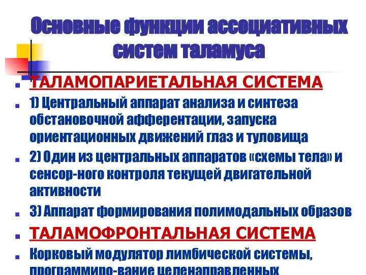 Основные функции ассоциативных систем таламуса ТАЛАМОПАРИЕТАЛЬНАЯ СИСТЕМА 1) Центральный аппарат анализа