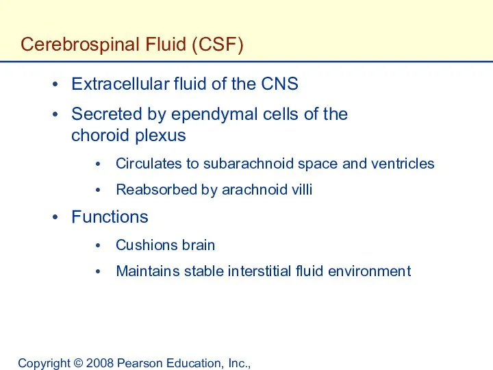 Copyright © 2008 Pearson Education, Inc., publishing as Benjamin Cummings. Cerebrospinal