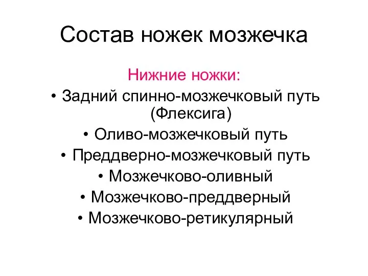 Состав ножек мозжечка Нижние ножки: Задний спинно-мозжечковый путь (Флексига) Оливо-мозжечковый путь Преддверно-мозжечковый путь Мозжечково-оливный Мозжечково-преддверный Мозжечково-ретикулярный