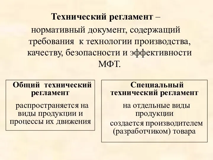 Технический регламент – нормативный документ, содержащий требования к технологии производства, качеству,